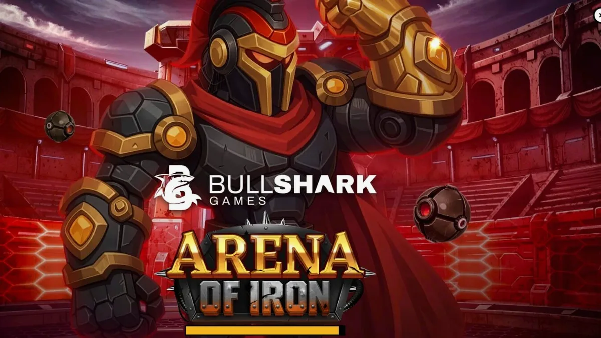 Prajurit robotik futuristik di tengah arena pertempuran dalam slot Arena of Iron